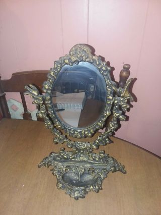 Vintage Cast Iron Swiveling Vanity Mirror With Birds And Trinket Tray
