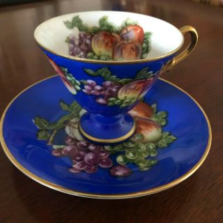 Vintage Castle Hand Painted Tea Cup & Saucer,  Japan Navy Royal Blue Gold Fruits