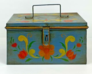 Vintage Primitive Tole Painted Tin Box Folk Art Signed