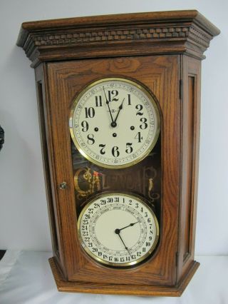 Vintage Howard Miller Westminister Calendar Wall Clock Double Dial Chimes
