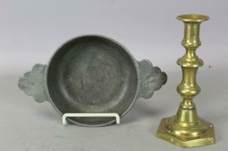 A Great Early 18th C English Pewter Double Handle Porringer In Old Color