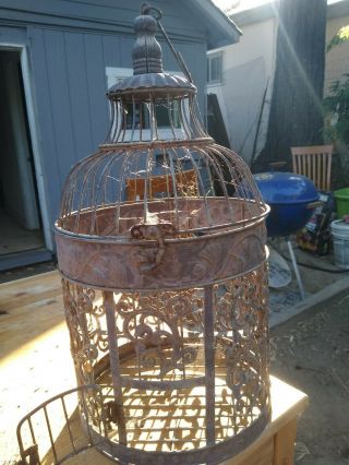 Vintage Bird Cage Hanging Metal Wire Hinged Dome Top Painted Finish Ornate