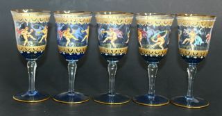 5 Bohemian Hand Painted Blue Wine Glasses Or Goblets,  Gilt,  Cherubs