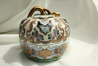 Vintage Chinese Pottery Pumpkin Ginger Jar Hand Painted Mid - Century Modern 5 "