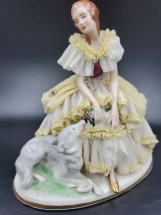 Vintage Dresden Lace Porcelain Lady Woman With Dog Figurine Antique