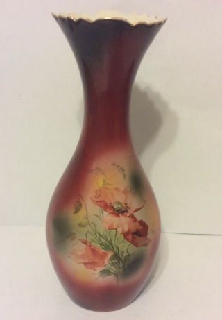 Usona Goodwin Antique Art Pottery Vase 11.  75” Red Floral Scalloped Rim