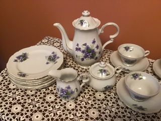 Vintage Chocolate Pot Set W/6 Desert Plates,  Cups And Saucers Cream/sugar Violet