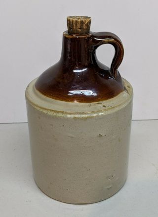 Antique Moonshine Whiskey Jug Stoneware Glazed 2 Tone Brown/white 1/2 Gallon