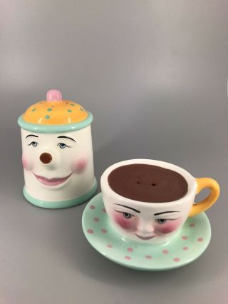 Clay Art Salt And Pepper Shakers - Coffee Pot And Cup O Joe - 4p