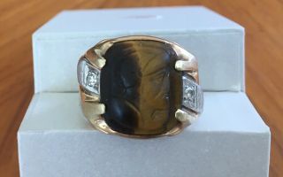 Vintage Mens Cameo & Diamond Tiger Eye Ring 10k Gold Sz 8.  75