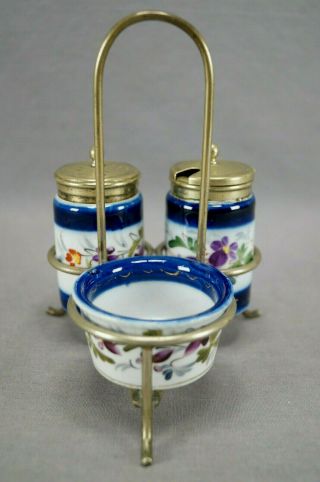 19th Century German Hand Painted Floral & Cobalt Porcelain Condiment Set