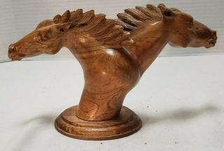 Double Horse Head Carved Wood Sculpture