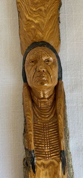 Hand Carved Indian Head Out Of A Piece Of Wood Signed Dated