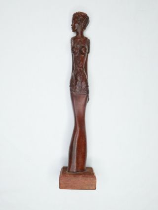 Beautifully Hand - Carved Wood Statue Of Slender Tall Woman By Artisan In Cabo 12 "