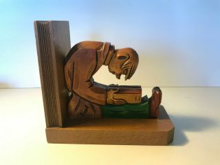 Vintage Hand Carved Man Sitting Reading Solid Wood Bookend Folk Art Craft