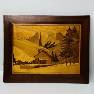 Vintage Marquetry Picture Wood Inlay Art Outdoor Landscape Mountains 14 X 11”