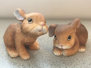 2 Easter Homco Ceramic Bisque Brown Bunny Rabbit Figurines 1465 Euc