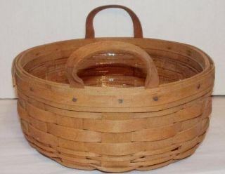 Vintage 1986 Longaberger Round Basket W Leather Handles _ Plastic Liner (kaf)