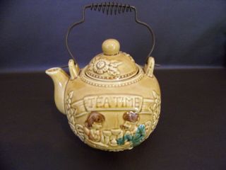 Vintage Ceramic " Tea Time " Teapot With Wire Coil Handle