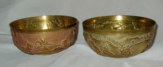 2 Vintage Antique Asian Brass Bowls Relief Art Designs Etching Rare