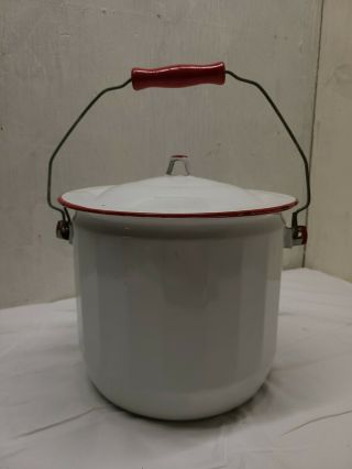 Vintage Enamel Ware White/red Trim Large Pot With Lid Wood Handle