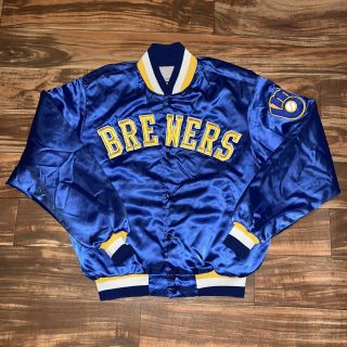 Vintage Milwaukee Brewers Mlb Baseball Satin Snap Jacket Men Spellout Sz Xl Rare