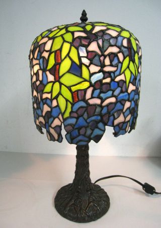 20 " Vtg Tiffany Style Table Lamp Multi - Color Stained Glass Tree Trunk Base 2