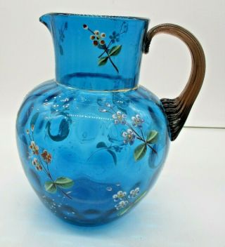 Vtg Antique Glass Pitcher Blue Hand Painted Flowers Reeded Handle