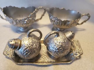 Vintage Japanese Metal Salt And Pepper Shakers With Tray,  Sugar Bowl,  Creamer