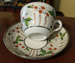 Antique English Cup & Saucer 19th Century Porcelain Hp Silver Lustre