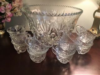 Large Vintage Cut Glass Punch Bowl With 12 Cups