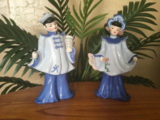 Set Of 2 Vintage Florence Ceramics Asian Oriental Boy & Girl Vases Figurines