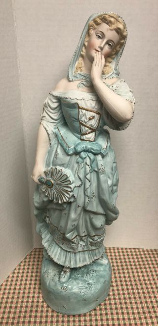Antique German Bisque Porcelain Lady & Fan Statue Figurine