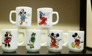 6 Vintage Fire King Anchor Hocking Pepsi Mickey Mouse & More Milk Glass Mugs