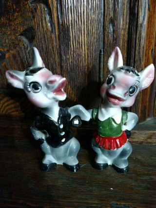 Vintage Dancing Boy & Girl Donkey Ceramic Salt & Pepper Shakers