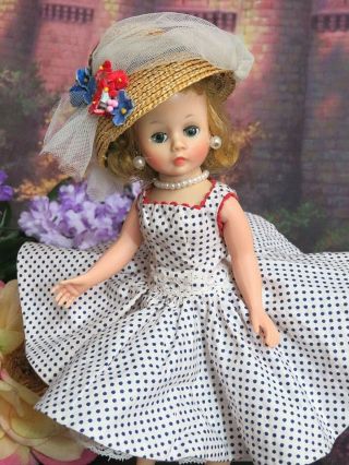 Vintage 1950s Madame Alexander Cissette Doll Tagged Dress Polka Dots Hat Shoes
