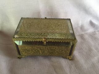Antique Etched Gold Thick Beveled Glass & Ormolu Jewelry Casket Box