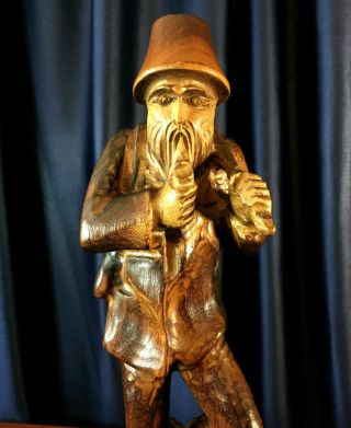Hand Carved Old Bearded Man Figure With Axe,  Pipe,  And Hunt Bag 13.  5 " Tall