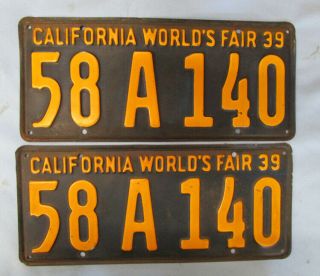 Vintage 1939 California Worlds Fair Automobile Motor Car License Plate Pair Set