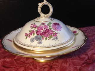 Antique Hand Painted Kpm Berlin Covered Bowl W Twisted Handled Lid - Circa 1850