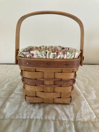 Longaberger 1990 Small Swing Handle Square Basket W/ Liner And Protector