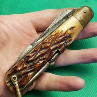 Rare Antique Vintage Jumbo Bone Stag King Knife Utility Camp Folding Knives