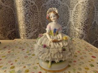Pretty Vintage Dresden Lace Lady Sitting With Book