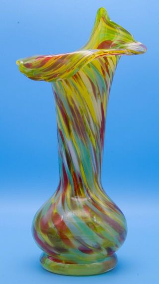 Norleans 8 " Stretched Glass Tulip Rim Vase,  Green/yellow/orange,  Japan