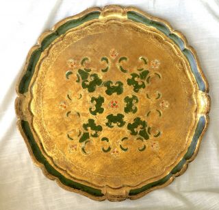 Large Round Vintage Hand Made Tole Painted/gilt Wood Florentine Tray,  Italy 18 "