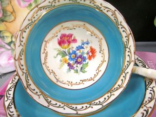 Aynsley Tea Cup And Saucer Floral Pink Rose Aqua Blue Teacup Low Doris 1920s