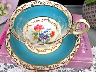 AYNSLEY tea cup and saucer floral pink rose aqua blue teacup low Doris 1920s 2