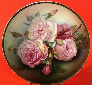 Thomas Sevres Bavaria Plate Hand Painted Bourbon Roses 9 " Artist Signed Antique