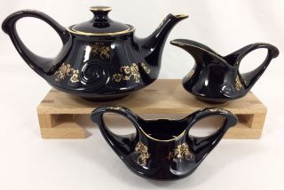 Vtg Pearl China Black 22k Gold Trim Roses Teapot Sugar Bowl Creamer Mcm Tea Set