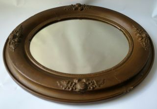 Antique Vintage Wood Carved Oval Frame Mirror With Acorns Brown Gold Plaster